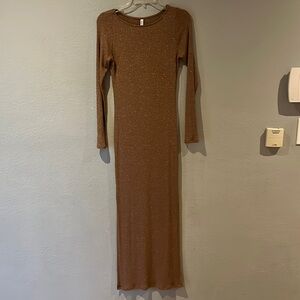 Rachel Pally tan gold glitter knit bodycon long sleeve midi maxi ribbed dress